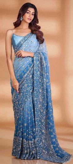 Georgette Party Wear Saree in Blue with Sequence work Party Wear Sarees For Women, Wedding Indian Saree, Sarees Party Wear, Beautiful Sarees Party Wear, Ready Wear Saree, Sari For Wedding, Sari Fashion, Prom Saree, Party Wear Saree Look