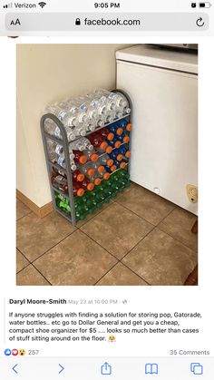 a stack of plastic bottles sitting on top of a metal rack