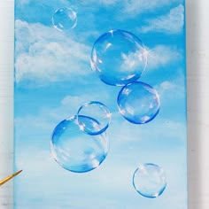 an acrylic painting of soap bubbles floating in the air on a sunny day