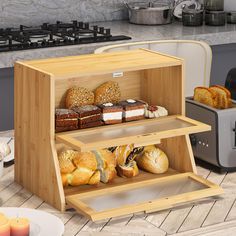 breads and pastries are displayed in an open cabinet