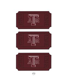 two texas a & m tickets with the word't'on them in maroon and white