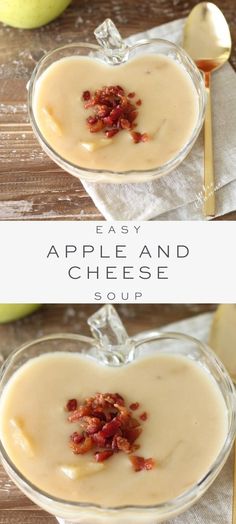 an apple and cheese soup in a glass bowl