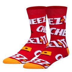 Funny Cheez It Crackers Novelty Crew Socks for Men & Women, Fun Graphic Print. Established to dismantle the status quo and to represent all aspects of being yourself. Whether it is the design of our socks, the messages we advocate or the people we represent, we are always supporting the right to express yourself and Stand Out, Be Odd. Knit from a thick, comfortable cotton and elastic/ spandex blend for a breathable, yet stretchy fit. Say goodbye to tired toes and hello to happy feet. These novel Cheez It Crackers, Weird Socks, Food Socks, Being Yourself, Baskin Robbins, Comfortable Clothes, Cheez It, Status Quo, Crazy Socks