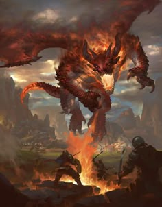 an image of a fire breathing dragon in the middle of a battle with two men