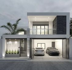 two cars are parked in front of a modern house with an attached garage and balcony