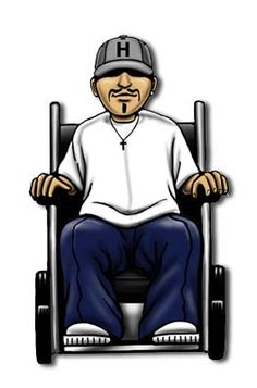 a man sitting in a wheel chair with his feet crossed