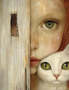 a painting of a girl with green eyes and a white cat peeking out from behind a wooden door