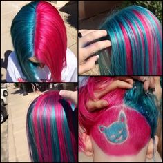 Blue And Pink Hair Color, Pink Half Hair, Dyed Hair Inspiration Blue, Blue Red Hair, Blue Hair Blonde Roots, Pink And Blue Hair Streaks, Pink Layered Hair, Purple And Pink Hair Color Ideas, Pink And Teal Hair