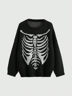 Skeleton Pattern Drop Shoulder Sweater,Long Sleeve Tops Black Casual  Long Sleeve Fabric Halloween Pullovers High Stretch Spring/Fall Women Clothing, size features are:Bust: ,Length: ,Sleeve Length: Outfit Navidad, Goth Skeleton, Skeleton Pattern, Clown Clothes, Skeleton Sweatshirt, Casual Halloween, Long Sleeve Pullover Sweater, Drop Shoulder Sweaters, Kawaii Clothes