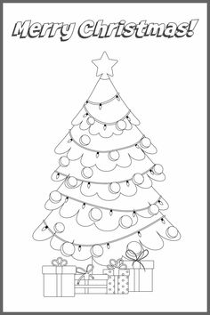 a christmas tree with presents on it and the words merry christmas written in black ink