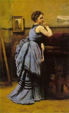 a painting of a woman in a blue dress leaning on a piano with her hand to her face