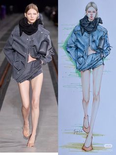 two pictures of models on the runway and one is wearing an oversized denim jacket