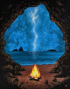 a painting of a campfire in front of the ocean under a star filled sky