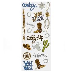 an image of stickers on the side of a white sheet that says cowboys and cowboy boots