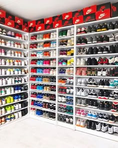 there are many pairs of shoes on the shelves