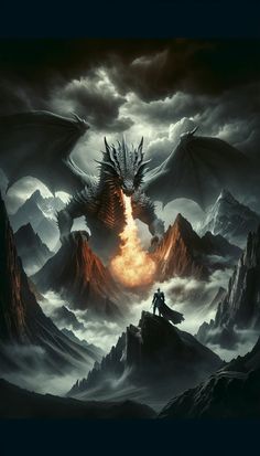 a man standing on top of a mountain next to a giant fire breathing dragon in the sky