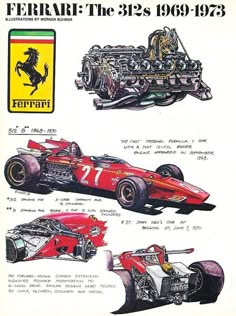 an advertisement for ferrari's racing cars from the 1930s to 1932, with its engine and