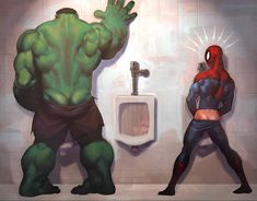 a man standing in front of a toilet next to a painting of a spider - man