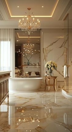 an elegant bathroom with marble floors and chandelier