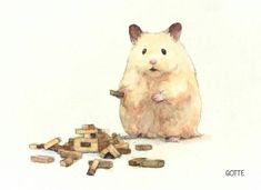 a drawing of a hamster eating something out of a pile of cut up wood