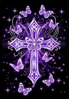 purple cross with butterflies and stars in the background