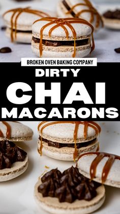 chocolate macarons with caramel drizzled on them and the words dirty chai macaroons