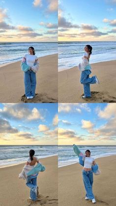 a woman holding a baby on top of a sandy beach next to the ocean in four different pictures