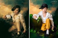 two paintings of children with rabbits in their hands, one is wearing a white shirt and the other has yellow pants