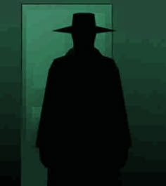 the silhouette of a man wearing a hat in front of a green wall and door