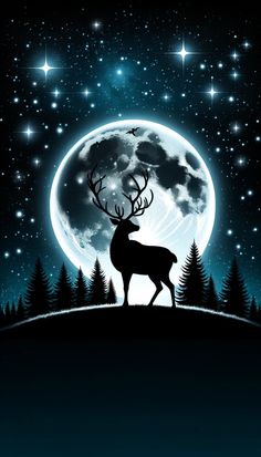 a deer standing on top of a hill in front of a full moon and stars