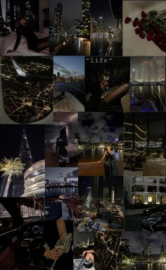 a collage of photos with the city lights and buildings at night in the background