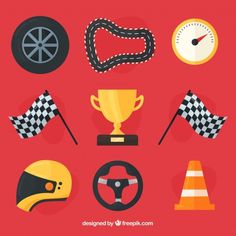 various racing related items are shown in this flat lay style, including a steering wheel, checkered flag and helmet