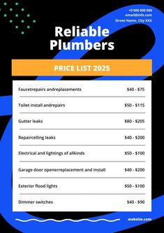 the price list for reliable plumbers is shown in blue and orange, with an image of