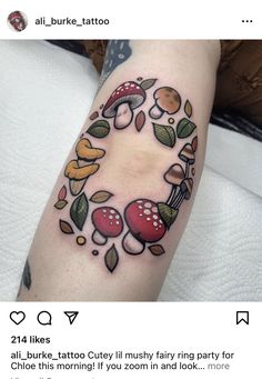 a mushroom tattoo with leaves and mushrooms on the side of his arm, is shown in an instagram post