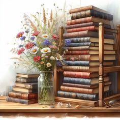 a vase filled with flowers sitting next to a stack of books