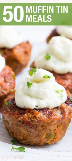 some food that is on top of a white plate with the words 50 muffin tin meals