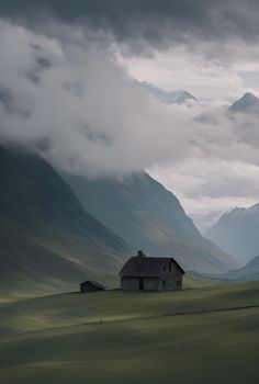 a house in the middle of a field with mountains in the background