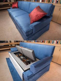 the couch is open to show its contents and it's storage compartment in the middle