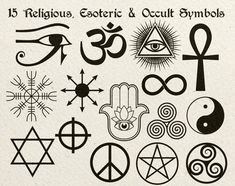 various symbols are shown in black and white, including an eye, cross, third eye, third eye, third eye