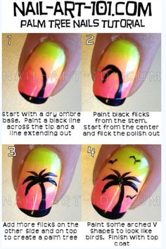 Palm Tree Nail Art Palm Tree Nail Art, Palm Tree Nails, Nail Art Tutorials, Tropical Nails, Tree Nails, Vacation Nails