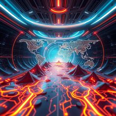 a futuristic tunnel with neon lights and a map on the wall in the center is an earth globe