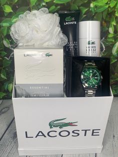 the lacoste gift box contains an assortment of men's grooming products