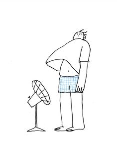 a drawing of a man standing in front of a fan and looking at the ground