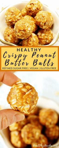 a close up of a person holding a plate of cereal balls with the words healthy crispy peanut butter balls