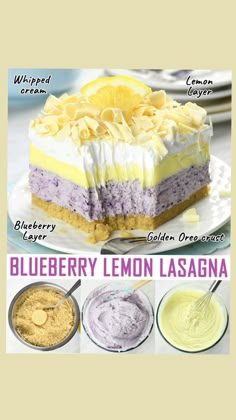 blueberry lemon lasagna cake with whipped cream on top and the recipe below