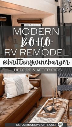 modern boho rv remodel before and after pics with text overlay