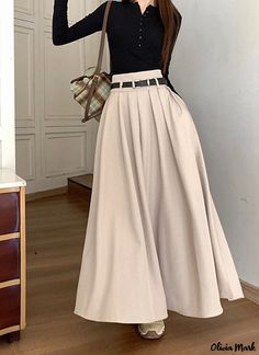 Olivia Mark - High-Waisted A-Line Pleated Skirt with Wide Hem and Flowy Design, Includes Waist Belt Spring Attire, Outfit Office, Work Outfit Office, Clothes To Sew, Long Skirt Outfits, Flowy Design, Women Long Sleeve Dress, Skirt Belt, Skirt Long