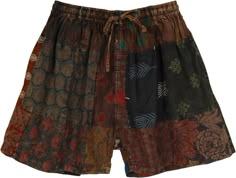 A dark brown-toned ethnic floral printed mixed patchwork cotton shorts.  These cotton shorts feature an elastic waistband and a functional drawstring that can be easily adjusted for a comfortable fit. #tlb #Patchwork #Printed #bohemianfashion #Handmade #HippieShorts #BeachShorts #Patchwork Patchwork Overalls Diy, Bohemian Brown Cotton Shorts, Geology Outfit, Hippie Shorts Outfit, Grunge Hippie Aesthetic Outfit, Faerie Outfit, Dark Shoes, Hippie Shorts, Grunge Shorts