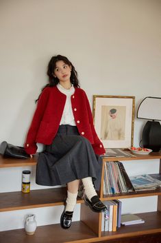 Mun Delegate Outfits, Korean Vintage Outfits, Red Sweater Outfit Aesthetic, Japanese Fashion Winter, Demure Outfit, Stylish Fall Outfits, Fashion Top Outfits