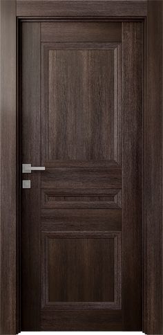 a wooden door with metal handles on the front and side doors, in dark wood